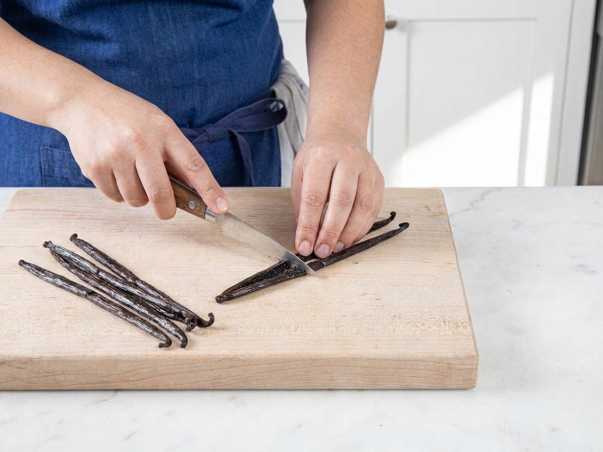 Hands splitting a vanilla bean lengthwise on a cutting board in a home kitchen
