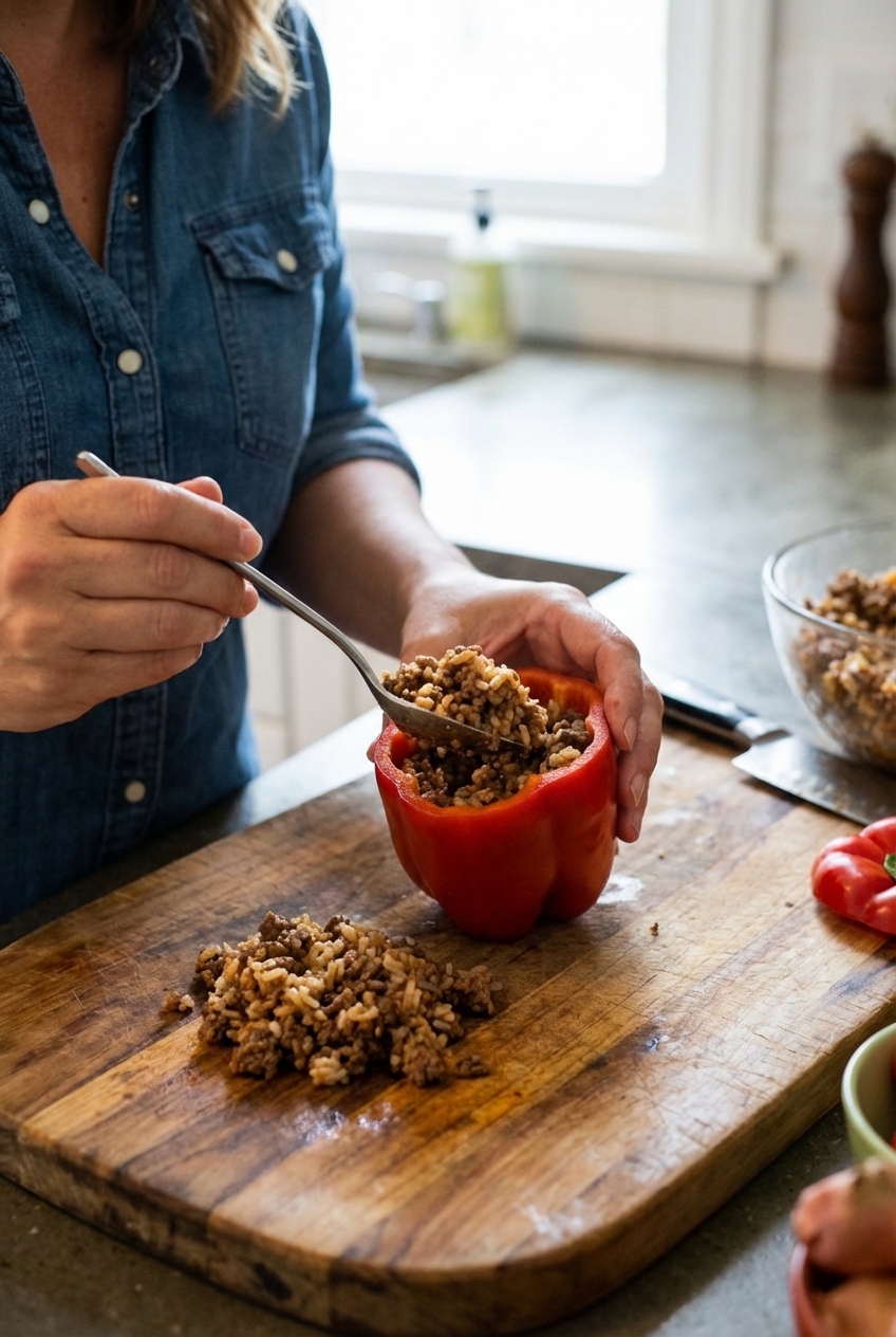 Hands spooning a beef and rice filling into a hollowed sweet paprika pepper on a cutting board