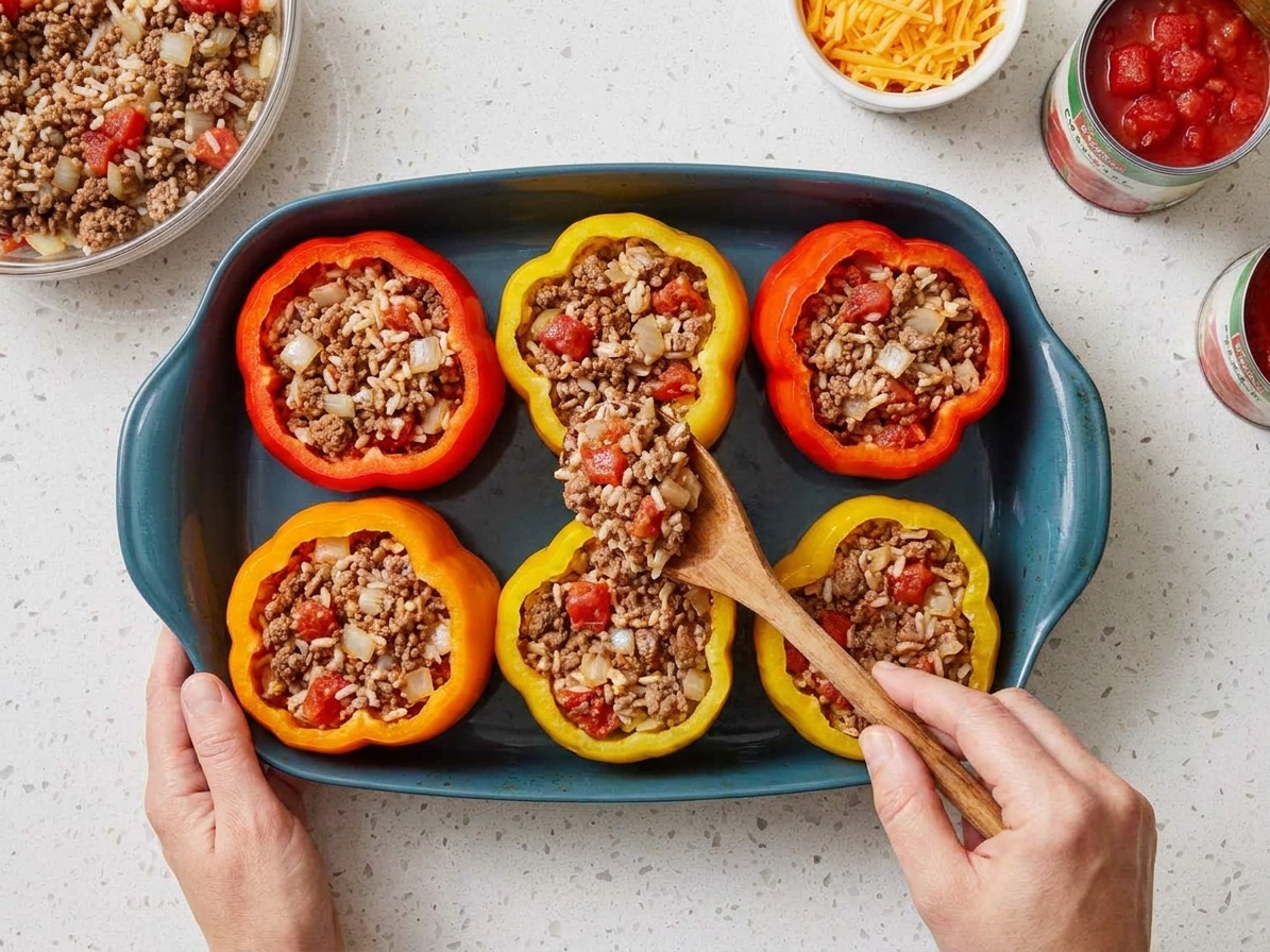 Hands spooning a savory rice and ground beef mixture into hollowed bell peppers standing in a baking dish