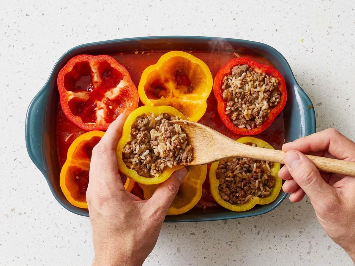 Hands spooning beef and rice filling into partially baked bell peppers in a baking dish on a kitchen counter