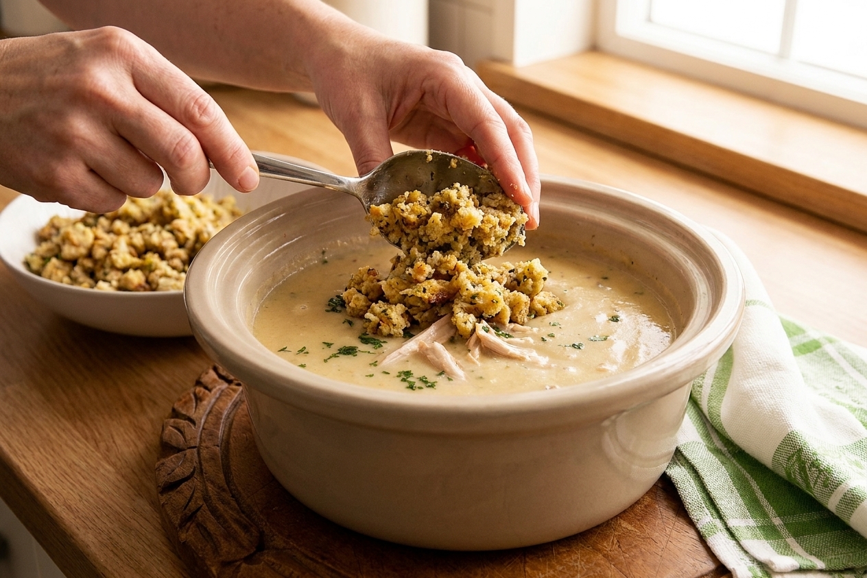 Hands spooning buttered herb stuffing mixture on top of chicken and soup mixture in a slow cooker on a kitchen counter