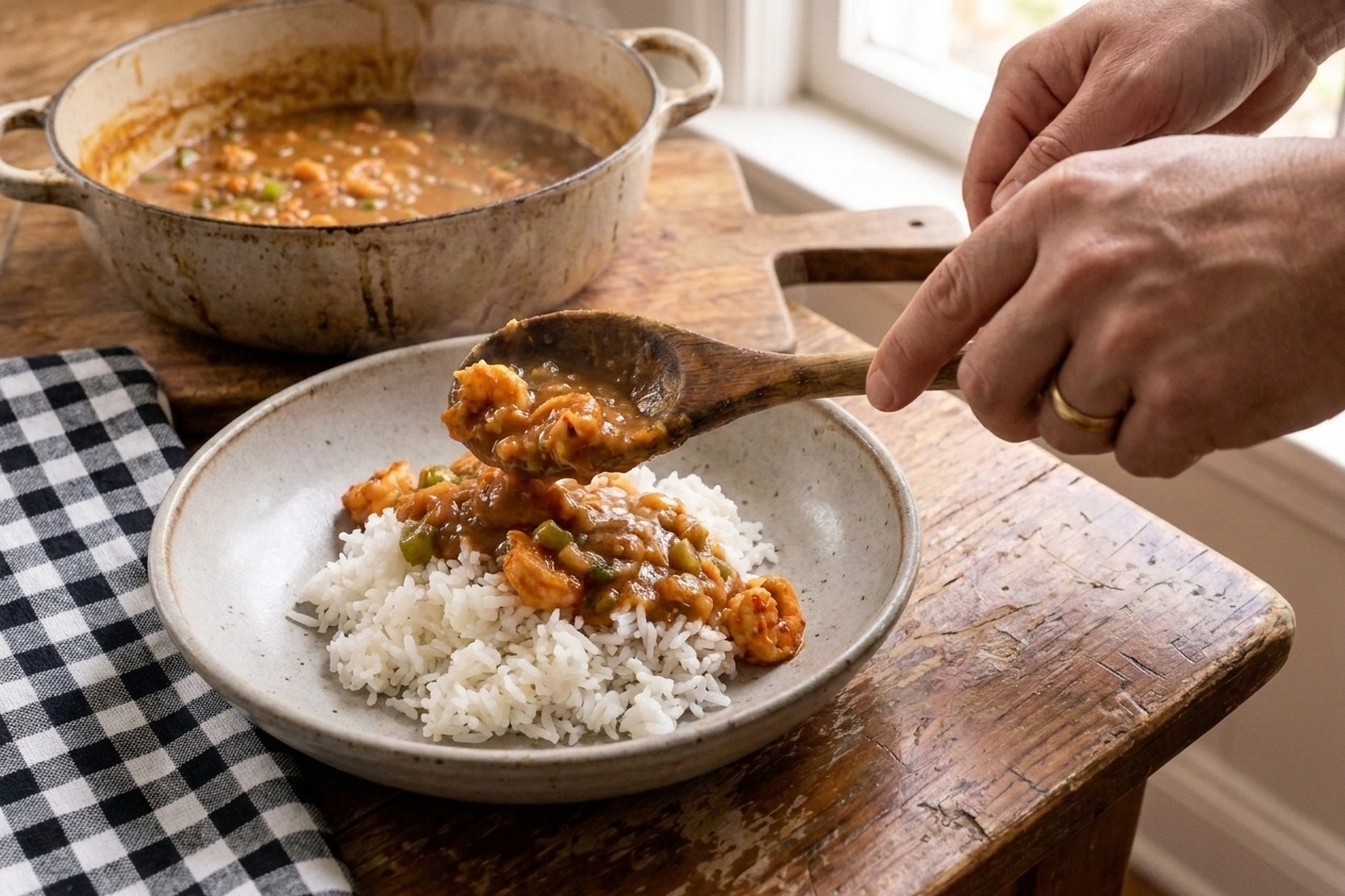 Hands spooning crawfish etouffee over a mound of rice in a shallow bowl on a kitchen counter