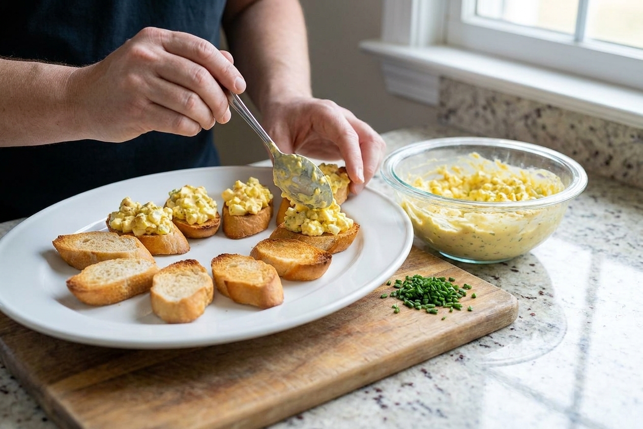 Hands spooning deviled egg topping onto toasted crostini on a serving platter in a bright kitchen