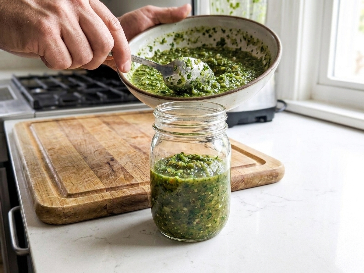 Hands spooning freshly blended green sofrito into a clean glass jar on a kitchen counter