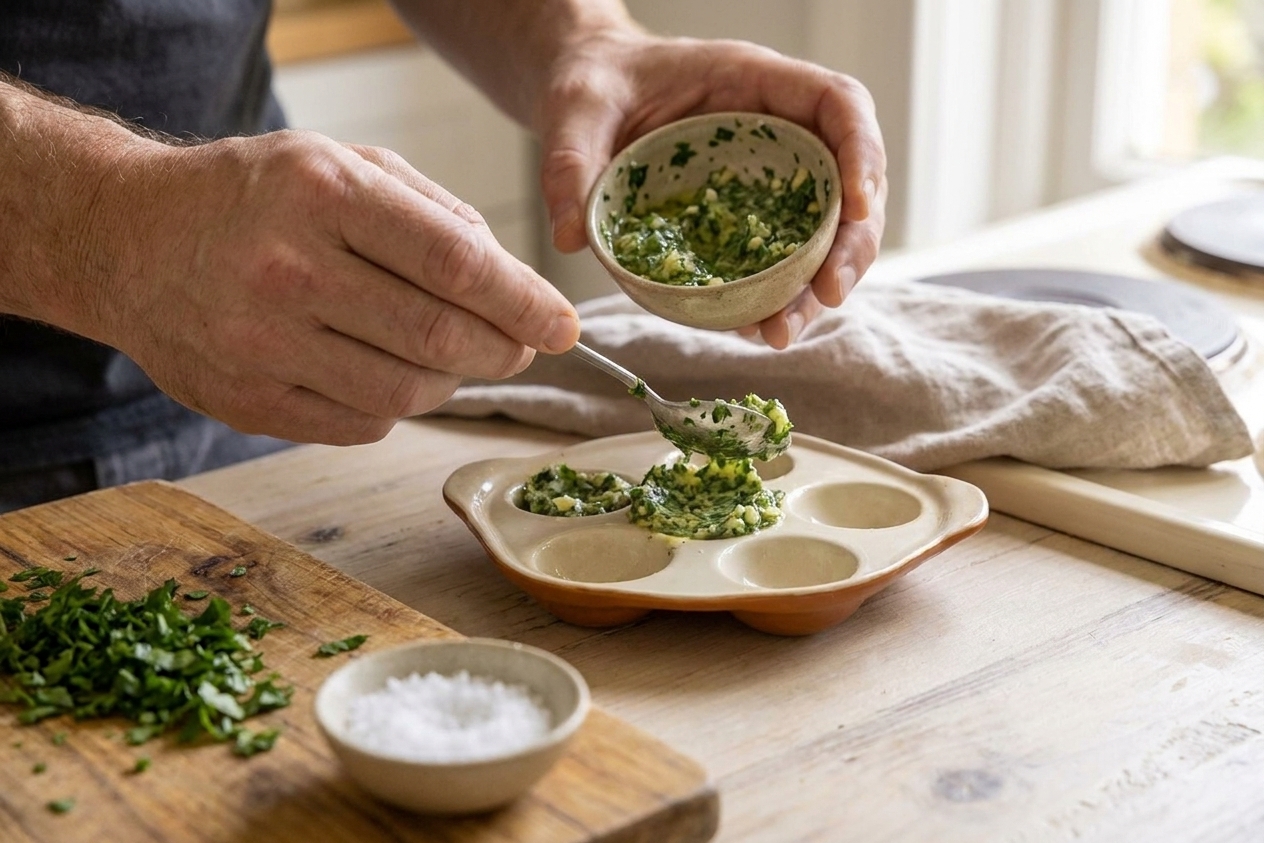 Hands spooning garlic parsley butter into an escargot baking dish on a kitchen counter