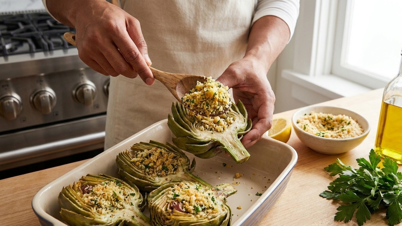 Hands spooning garlicky breadcrumb stuffing between the leaves of a steamed artichoke in a baking dish