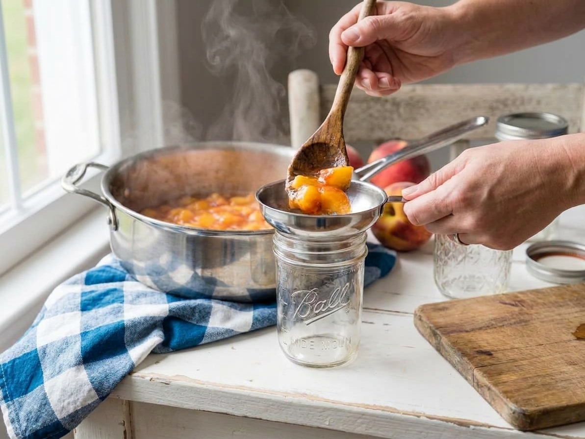 Hands spooning hot peach preserves into a clean glass jar on a kitchen counter, with a funnel nearby