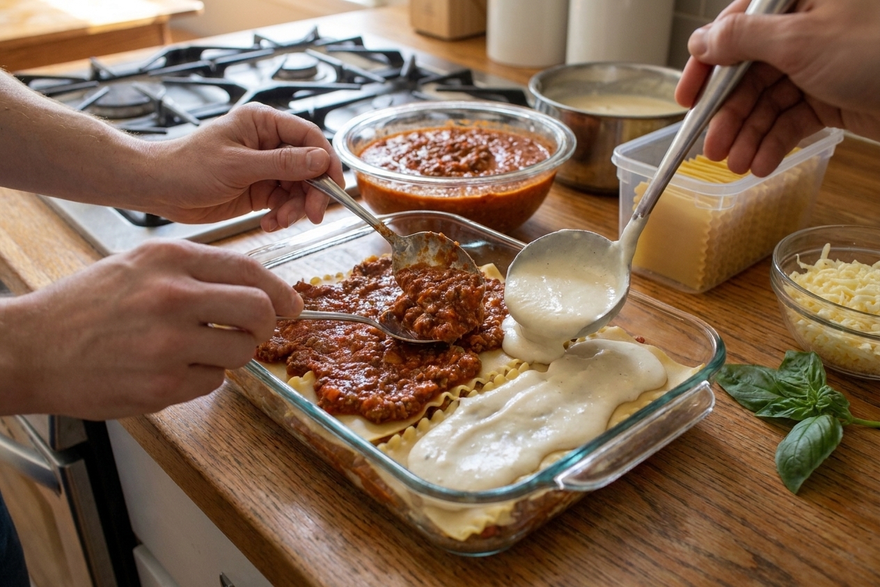 Hands spooning meat ragù and béchamel over lasagna noodles in a glass baking dish on a kitchen counter, ingredients nearby