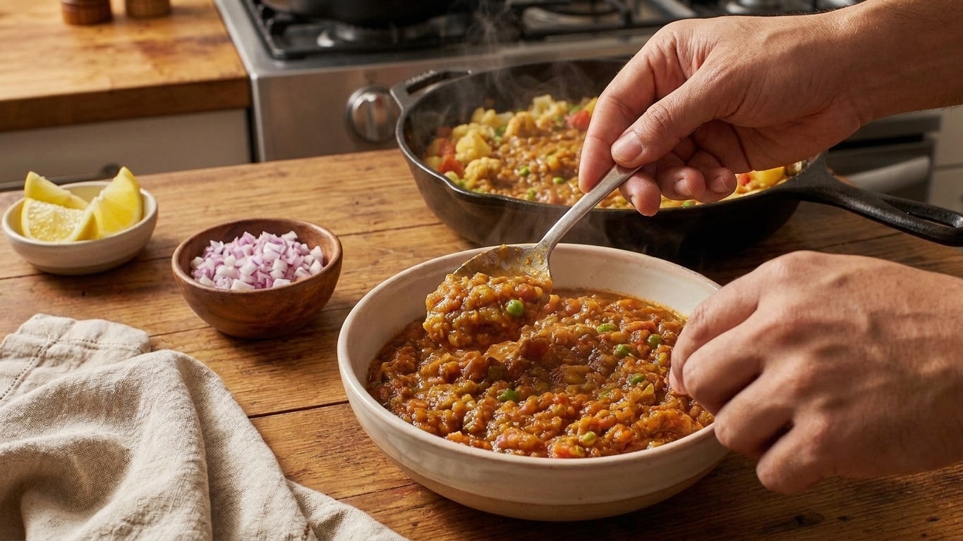 Hands spooning pav bhaji into bowls on a kitchen counter with chopped onions and lemon wedges ready for topping