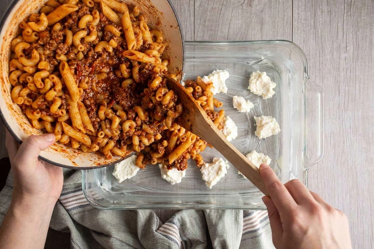Hands spooning sauced elbow macaroni and penne into a greased baking dish with ricotta dollops ready for layering