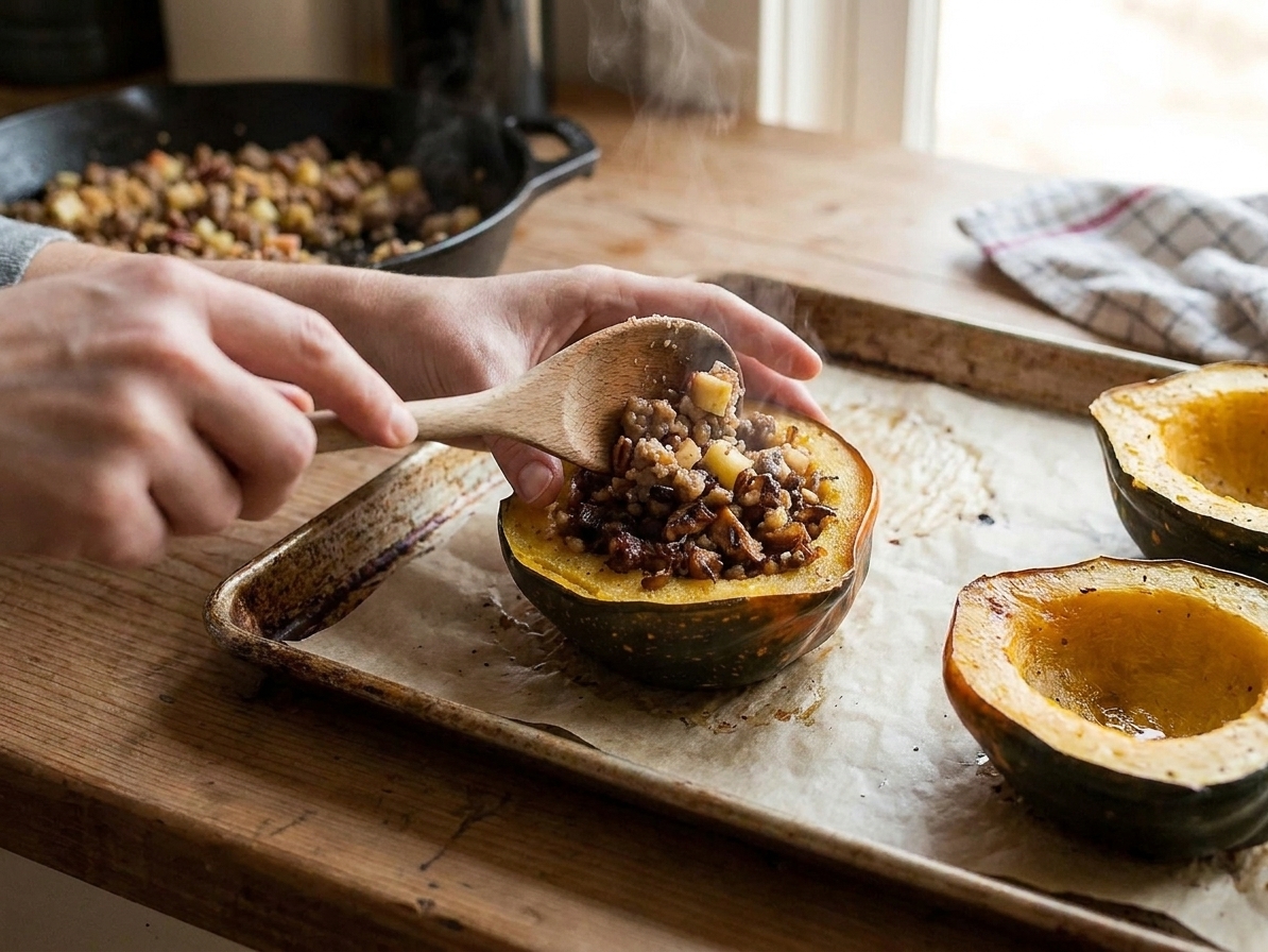 Hands spooning sausage and apple filling into a roasted acorn squash half on a baking sheet