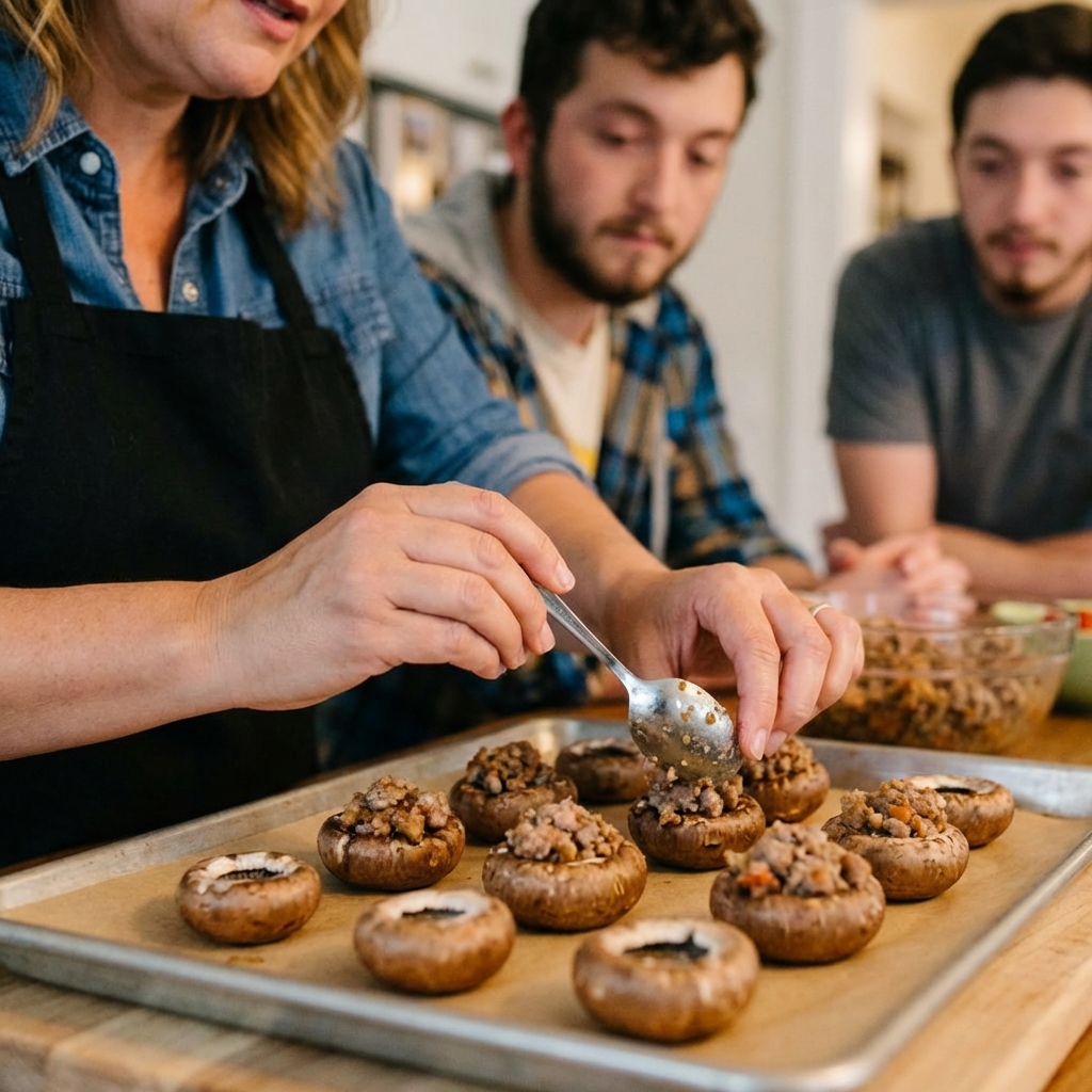 Hands spooning savory sausage filling into mushroom caps on a parchment-lined sheet pan