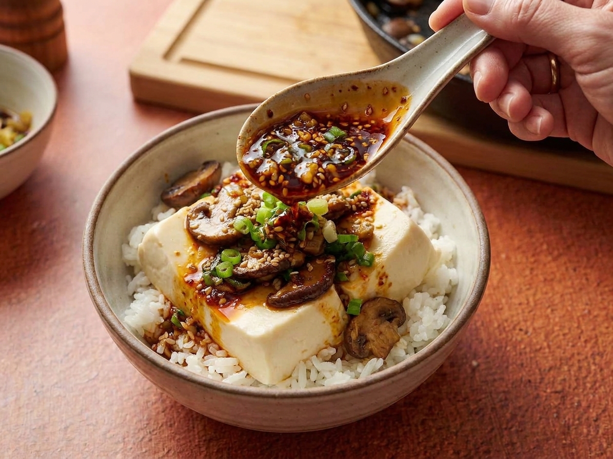 Hands spooning spicy garlic-sesame sauce over silken tofu in a rice bowl