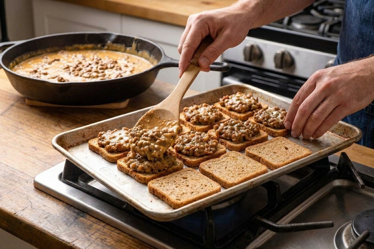 Hands spooning the sausage and cheese mixture onto rye cocktail bread arranged on a parchment lined baking sheet