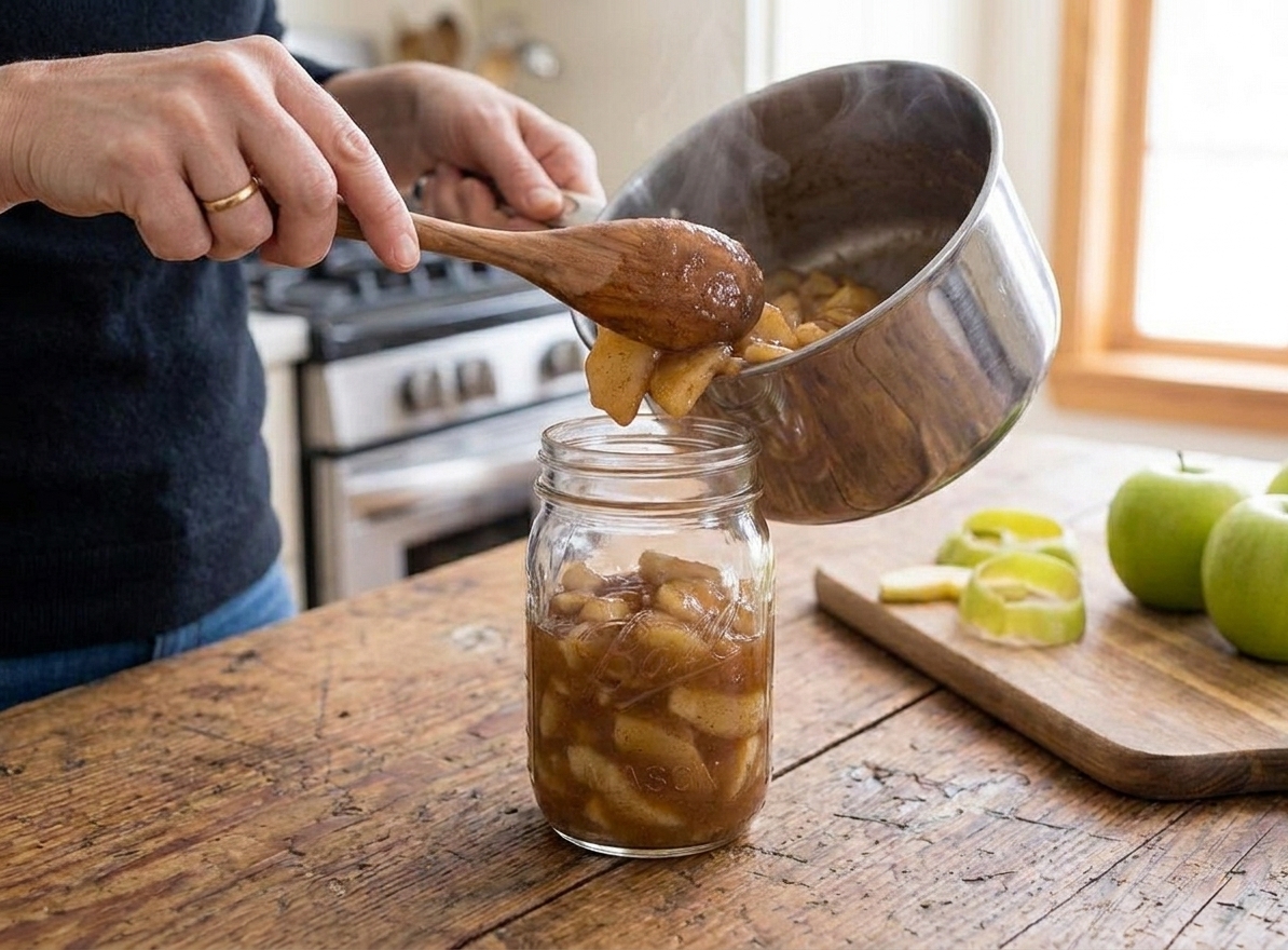 Hands spooning thick apple pie filling into a clean glass jar on a kitchen counter