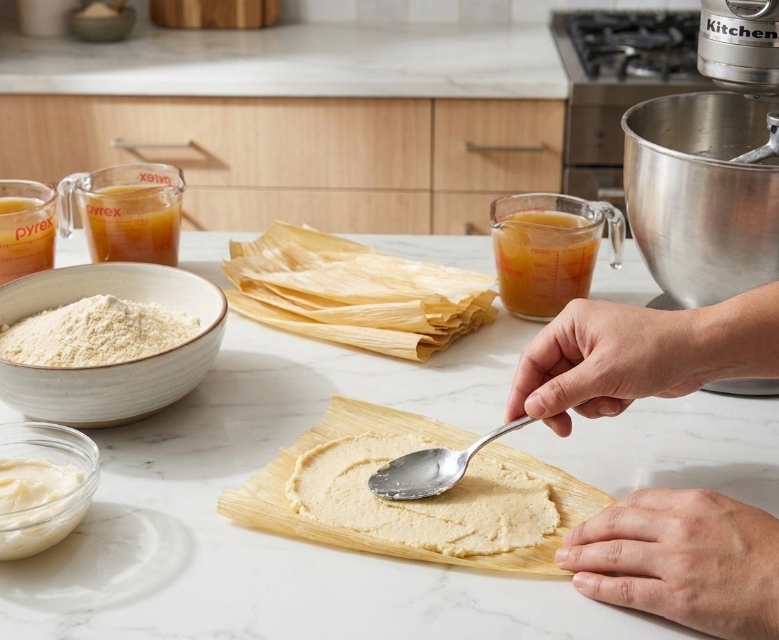 Hands spreading a thin layer of masa onto a softened corn husk with the back of a spoon on a kitchen counter