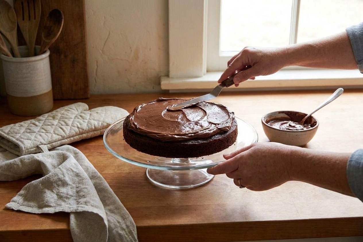 Hands spreading chocolate frosting onto a chocolate cake layer on a rotating cake stand on a kitchen counter