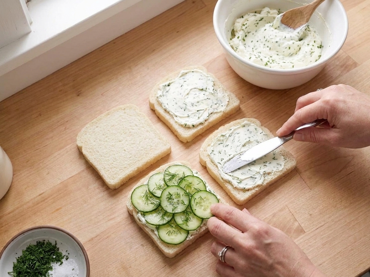 Hands spreading filling on soft bread slices while assembling finger sandwiches on a kitchen counter