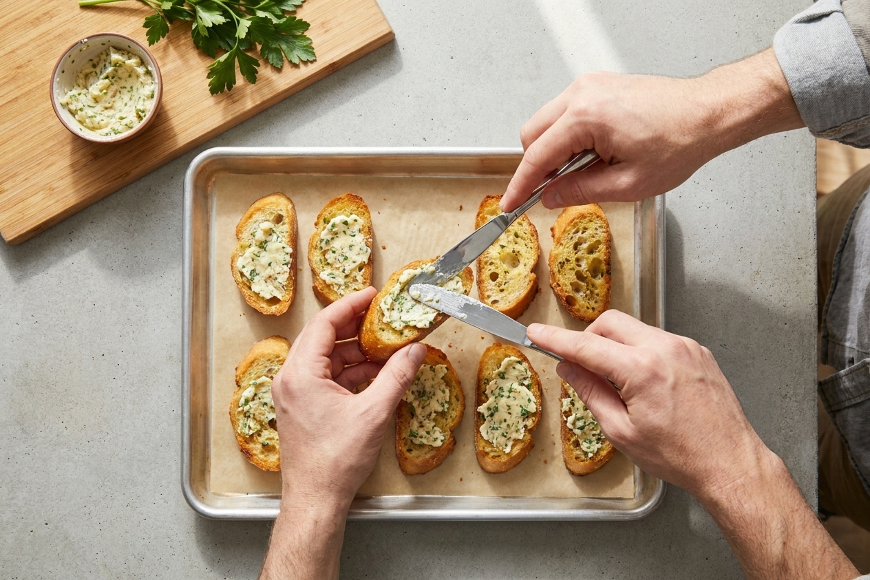 Hands spreading garlic butter onto toasted bread slices on a parchment-lined baking sheet in a home kitchen