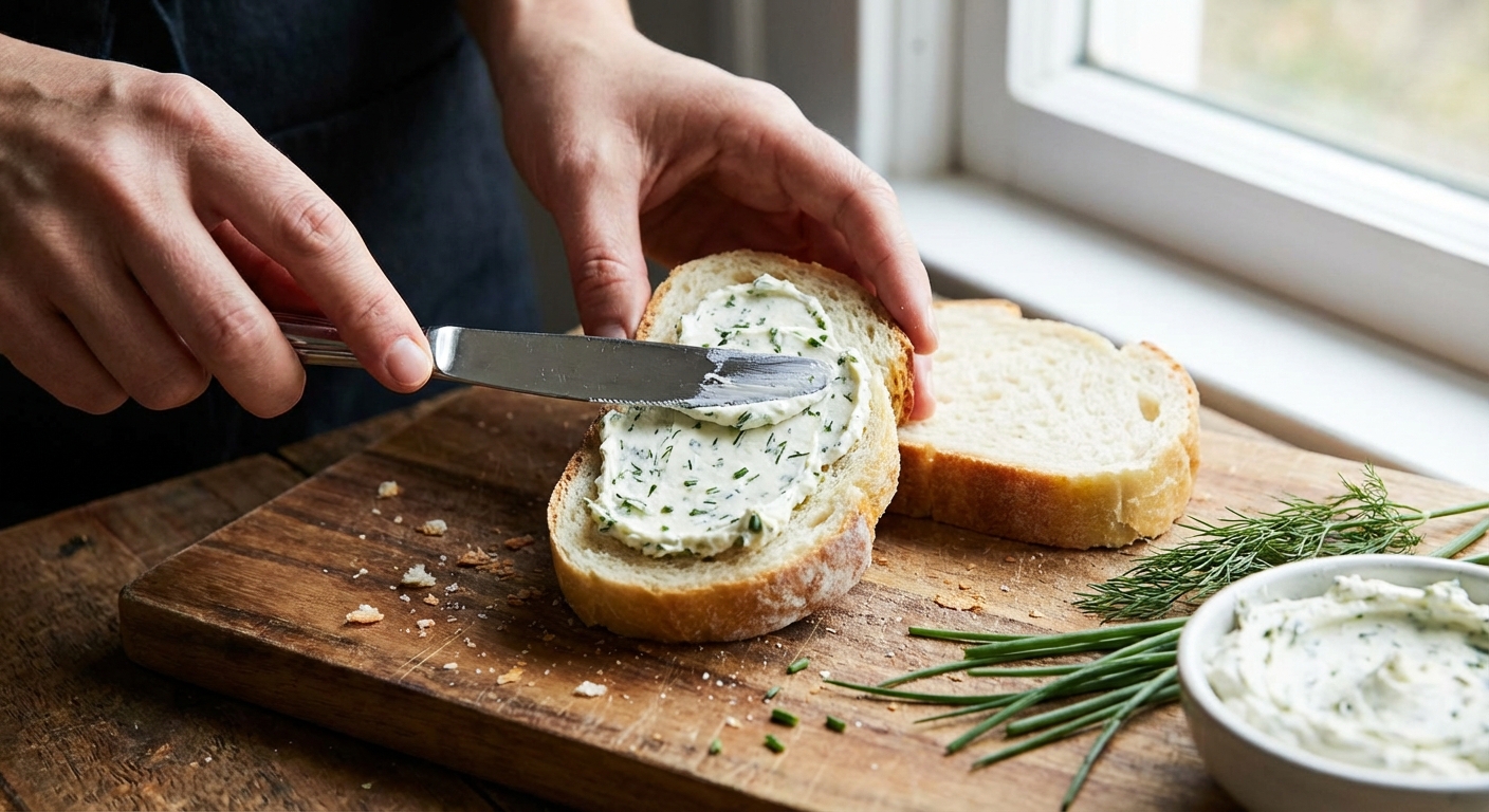 Hands spreading herb cream cheese onto soft white bread on a wooden cutting board