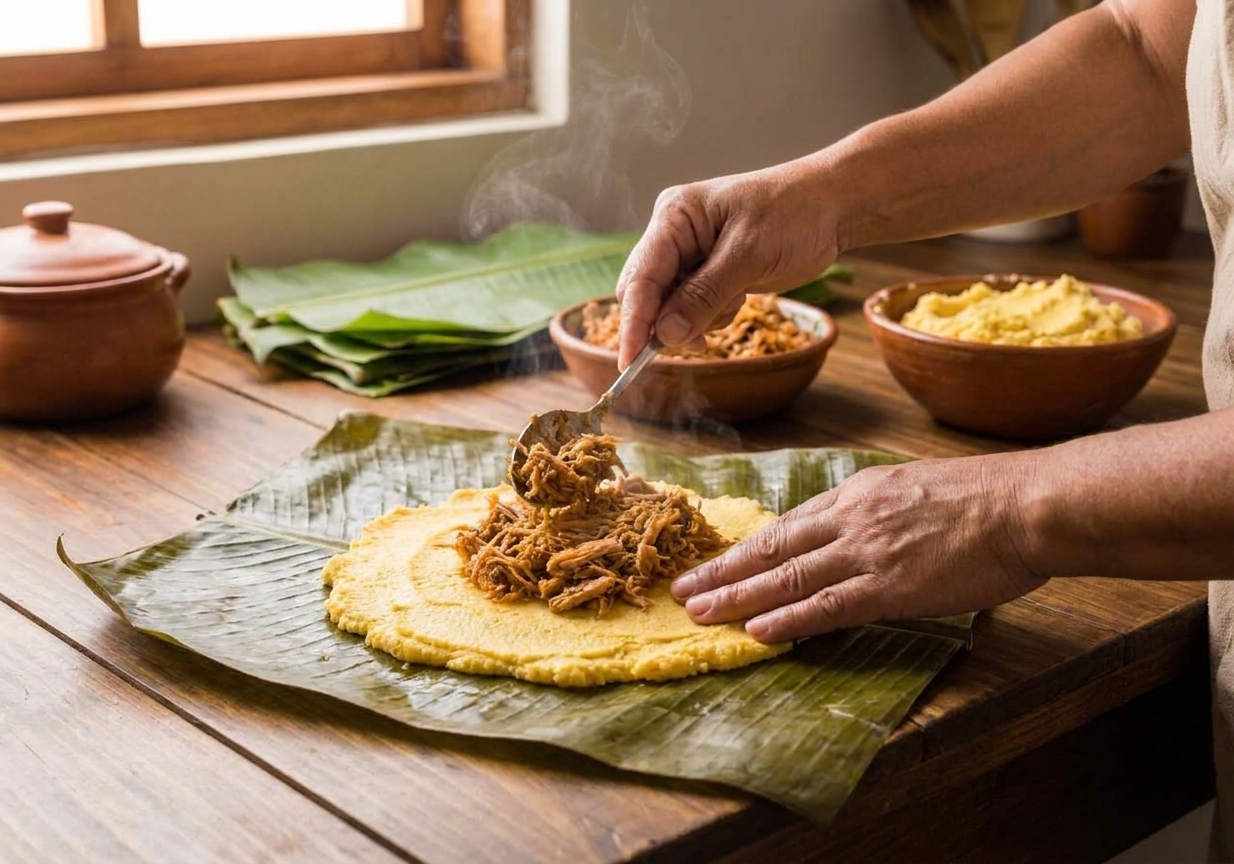 Hands spreading masa on a banana leaf and adding pork filling before folding it into a tight packet