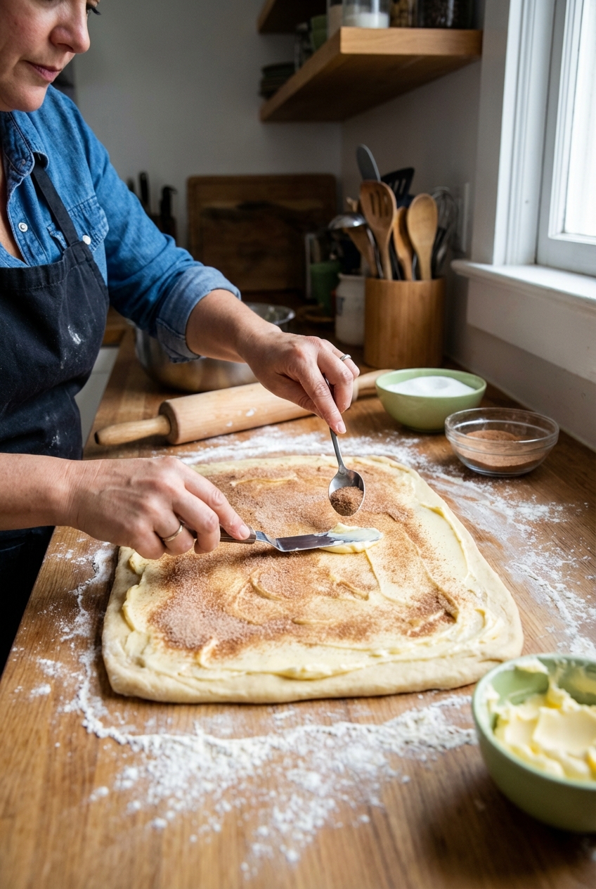 Hands spreading softened butter and cinnamon sugar over rolled-out king cake dough on a floured counter