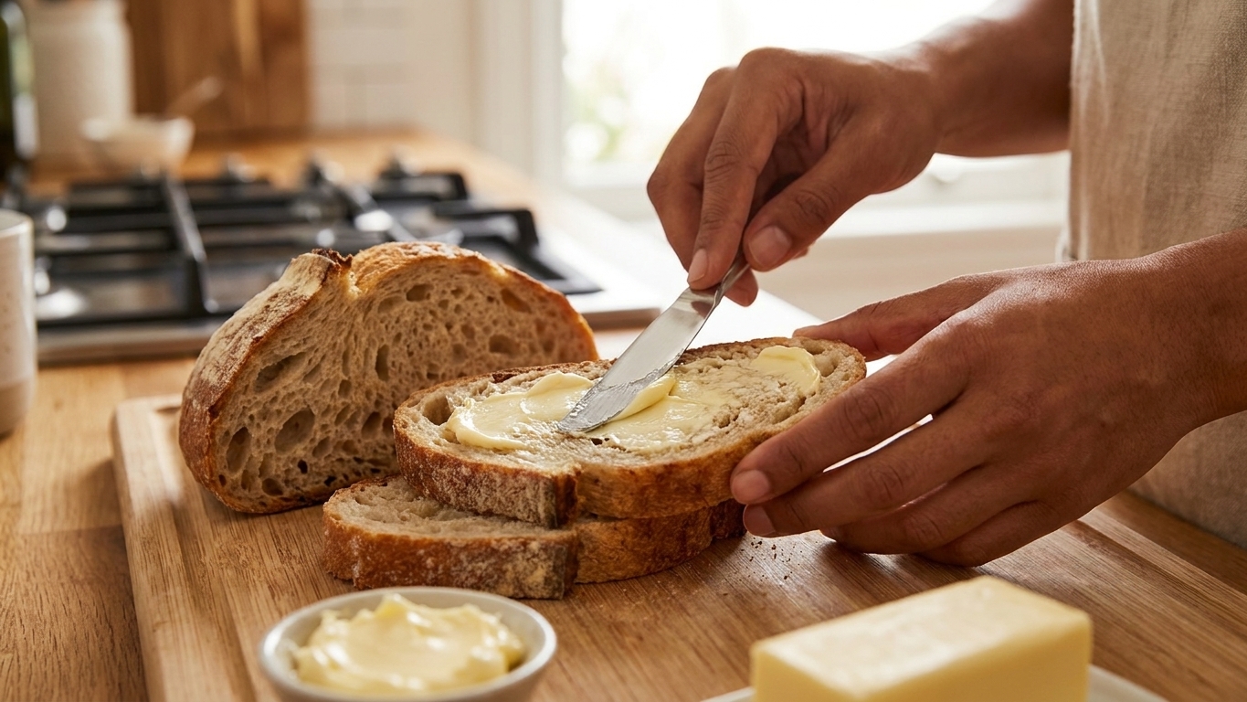 Hands spreading softened butter onto sourdough slices on a cutting board in a home kitchen