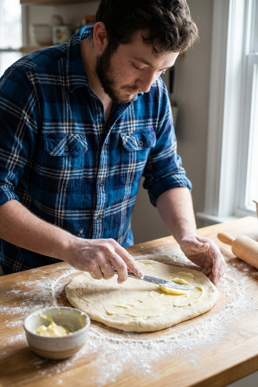 Hands spreading softened butter over rolled out enriched sourdough dough on a floured counter