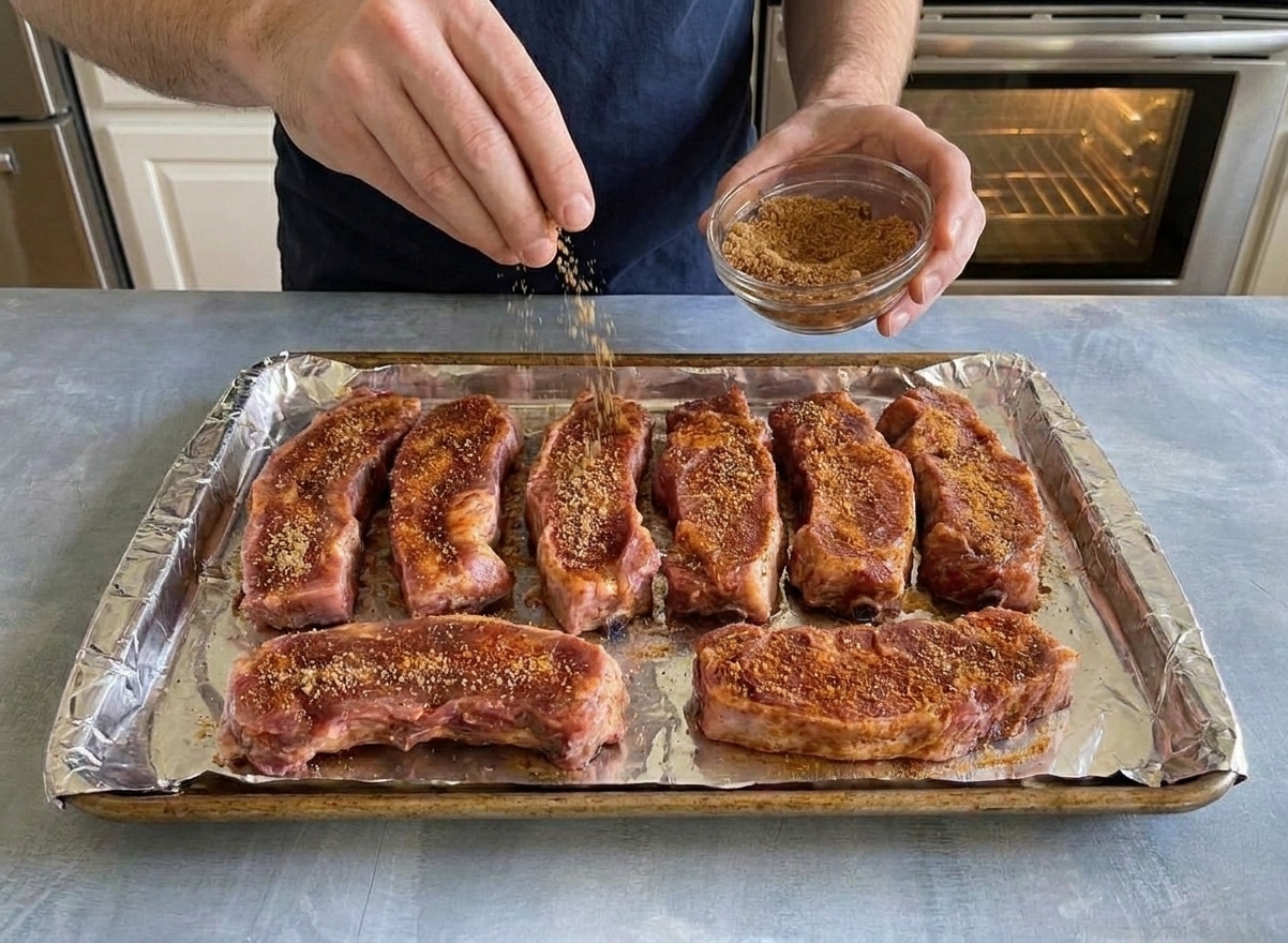 Hands sprinkling a brown sugar and paprika dry rub over country style pork ribs on a foil-lined baking sheet