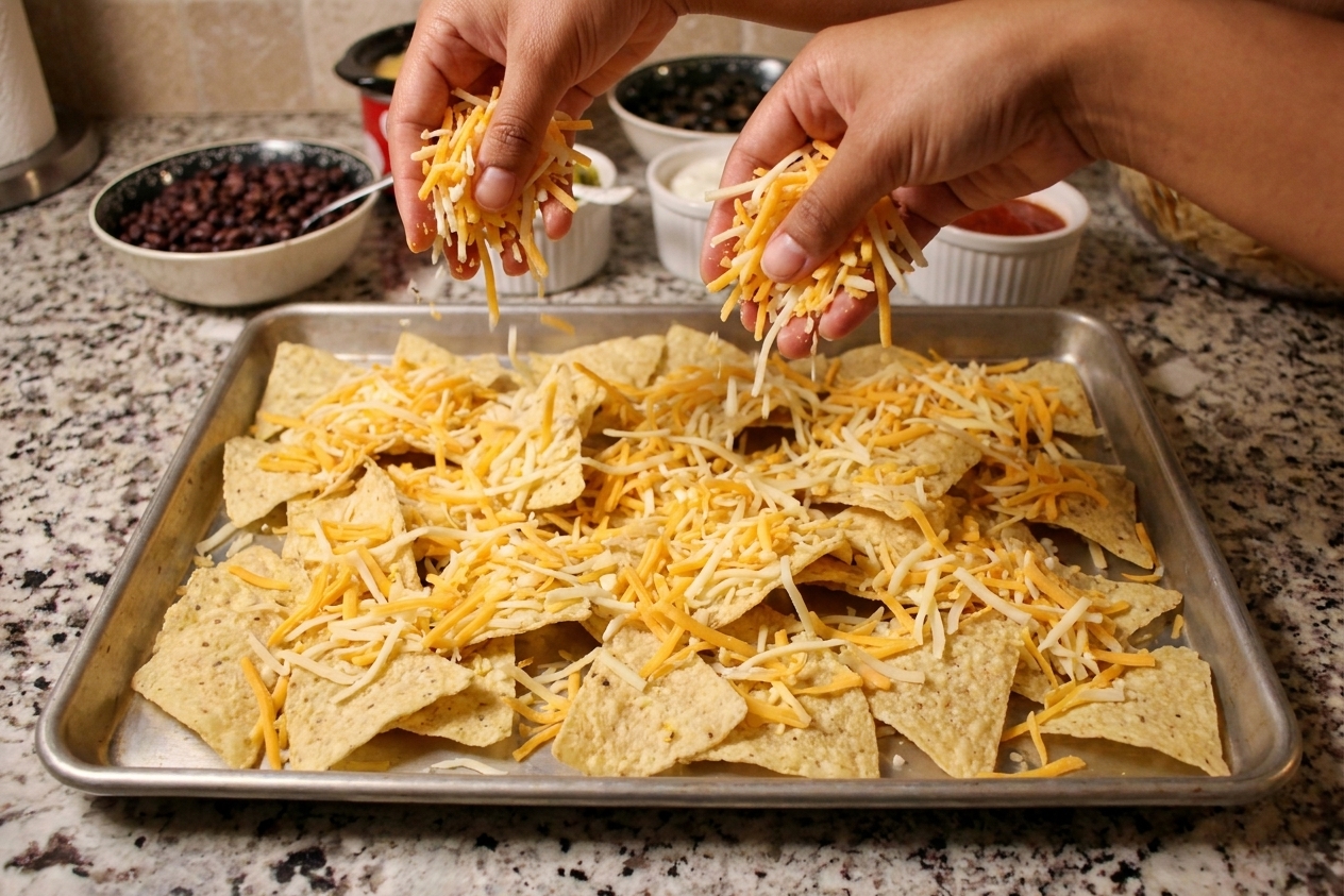 Hands sprinkling a generous layer of shredded cheese over tortilla chips on a sheet pan before baking in a home kitchen with warm lighting