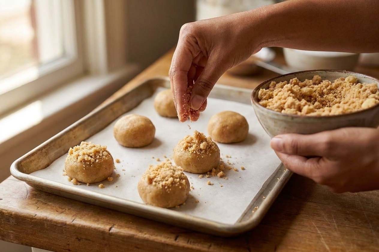 Hands sprinkling and gently pressing crumb topping onto cookie dough balls on a parchment-lined baking sheet