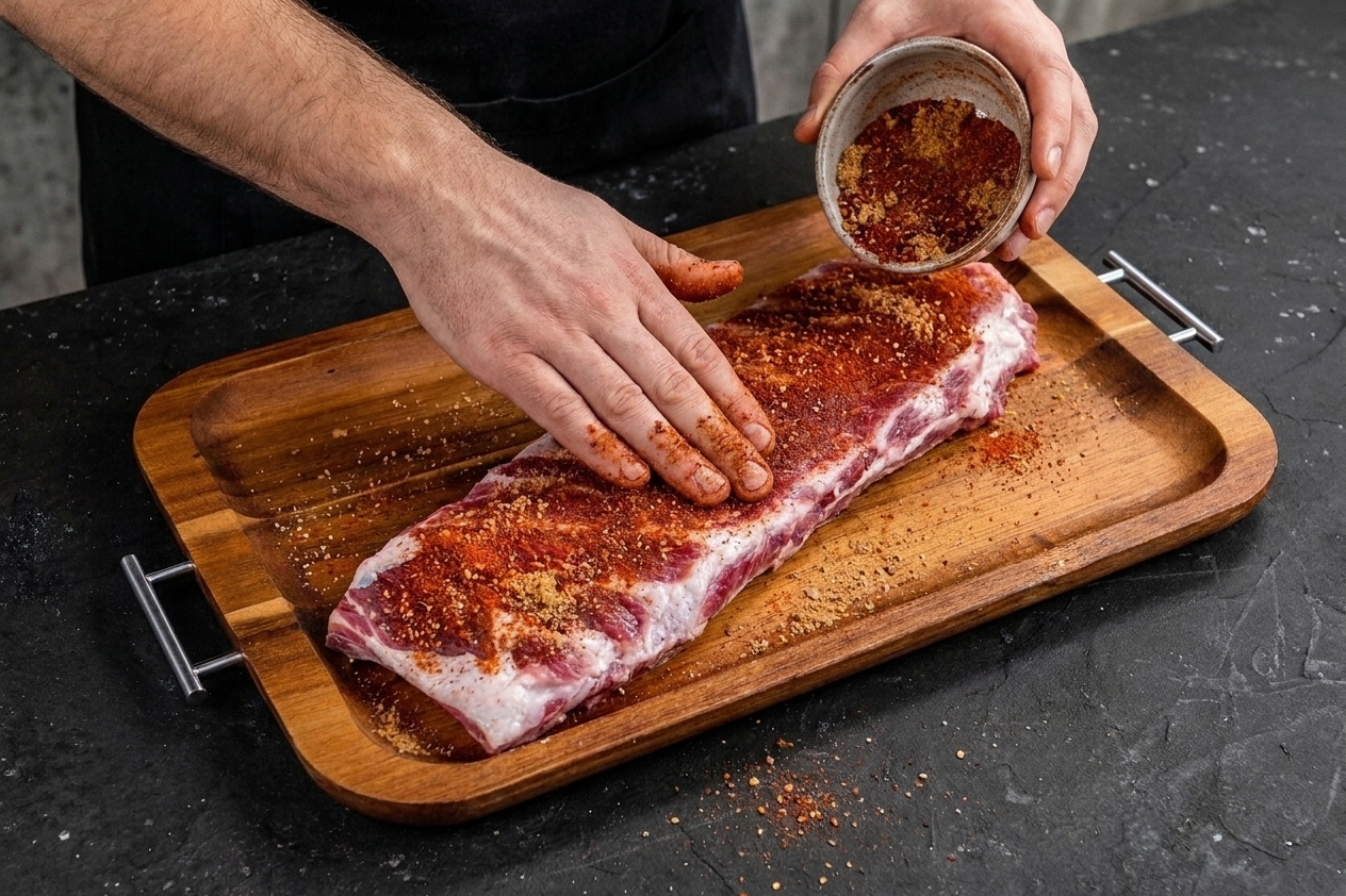 Hands sprinkling and pressing dry rub onto a rack of ribs on a cutting board in a home kitchen