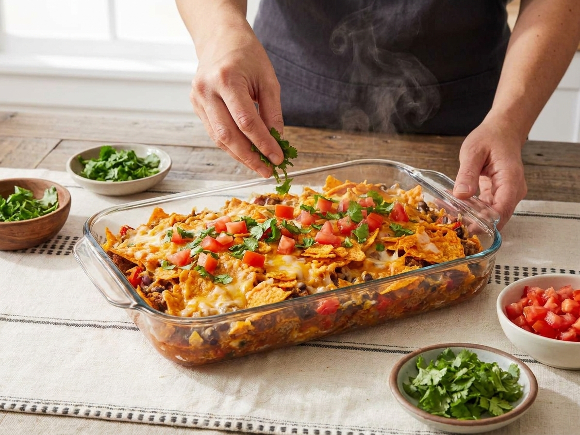 Hands sprinkling chopped cilantro and diced tomatoes over a hot Dorito casserole in the baking dish on a kitchen counter