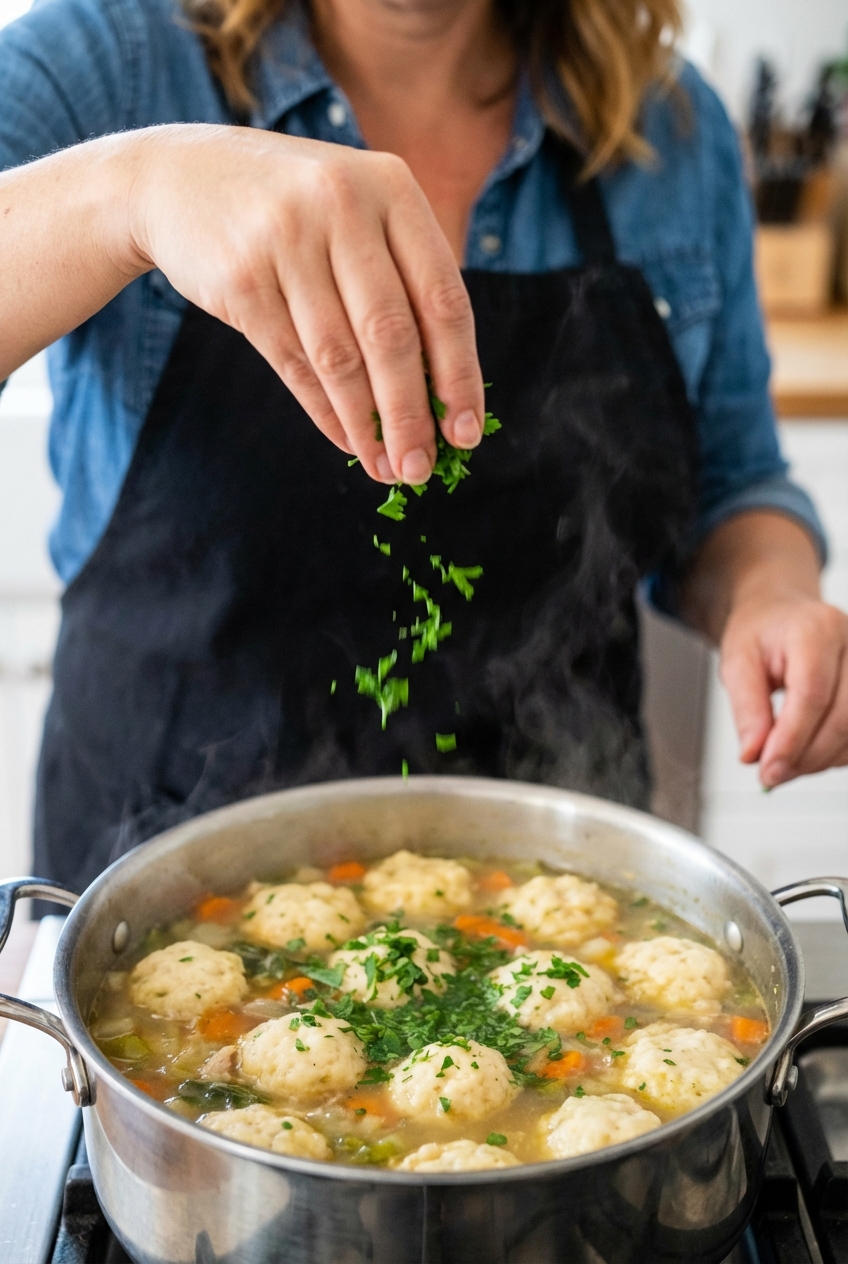 Hands sprinkling chopped parsley over a pot of soup with dumplings