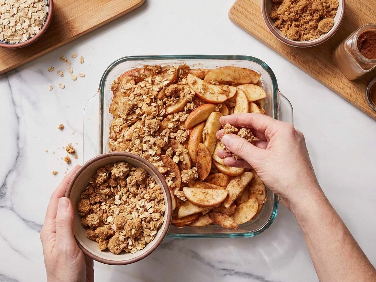 Hands sprinkling clumpy oatmeal and brown sugar crumble topping over sliced apples in a glass baking dish on a kitchen counter