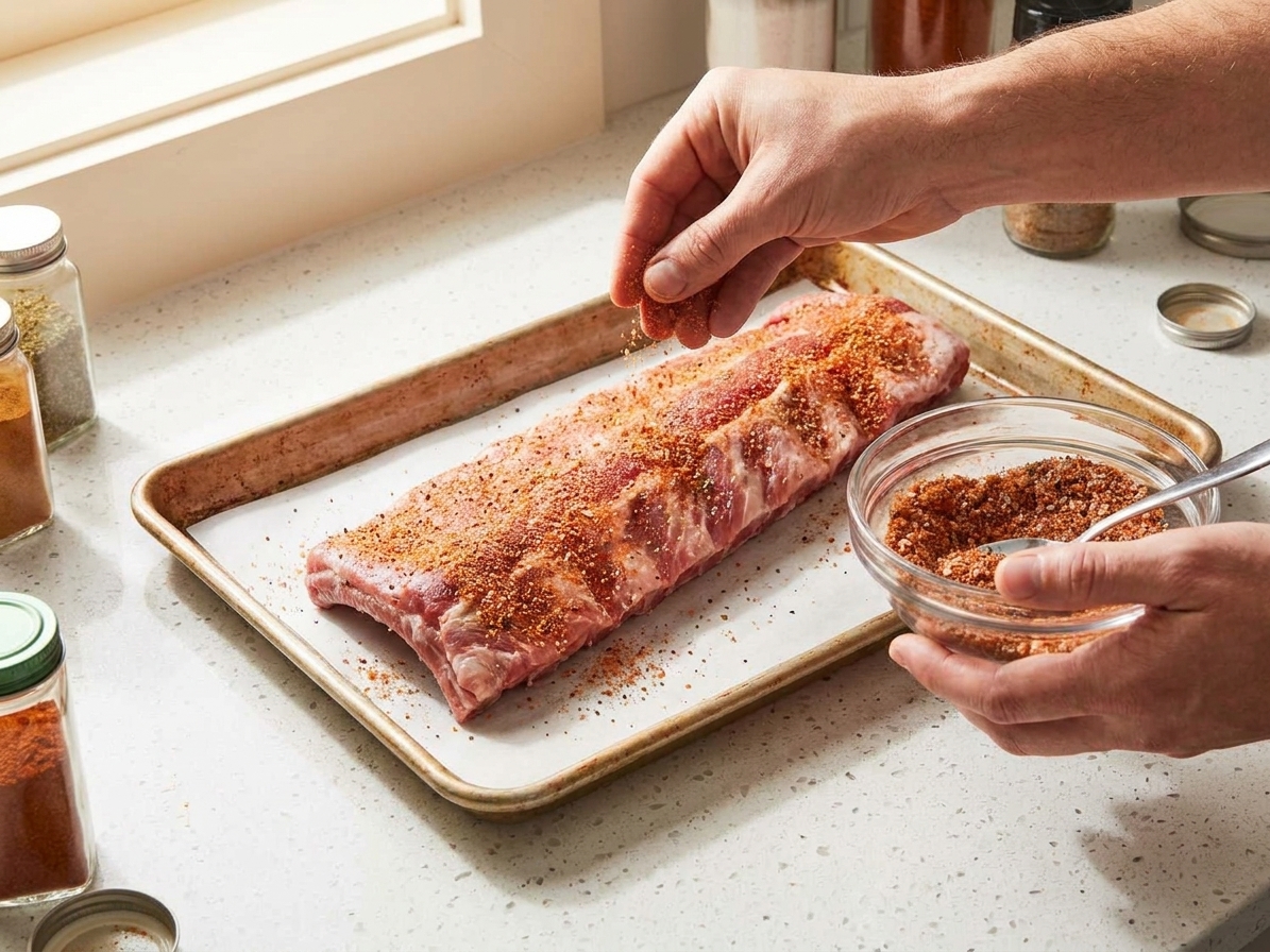 Hands sprinkling dry rub over a rack of ribs on a rimmed sheet pan, with warm kitchen lighting and spices nearby