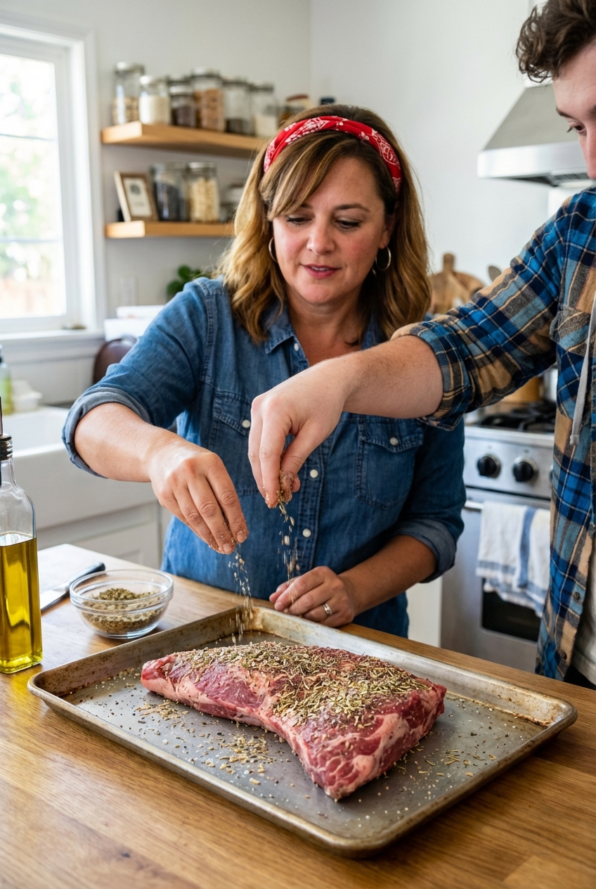 Hands sprinkling garlic herb rub over a raw tri-tip on a sheet pan