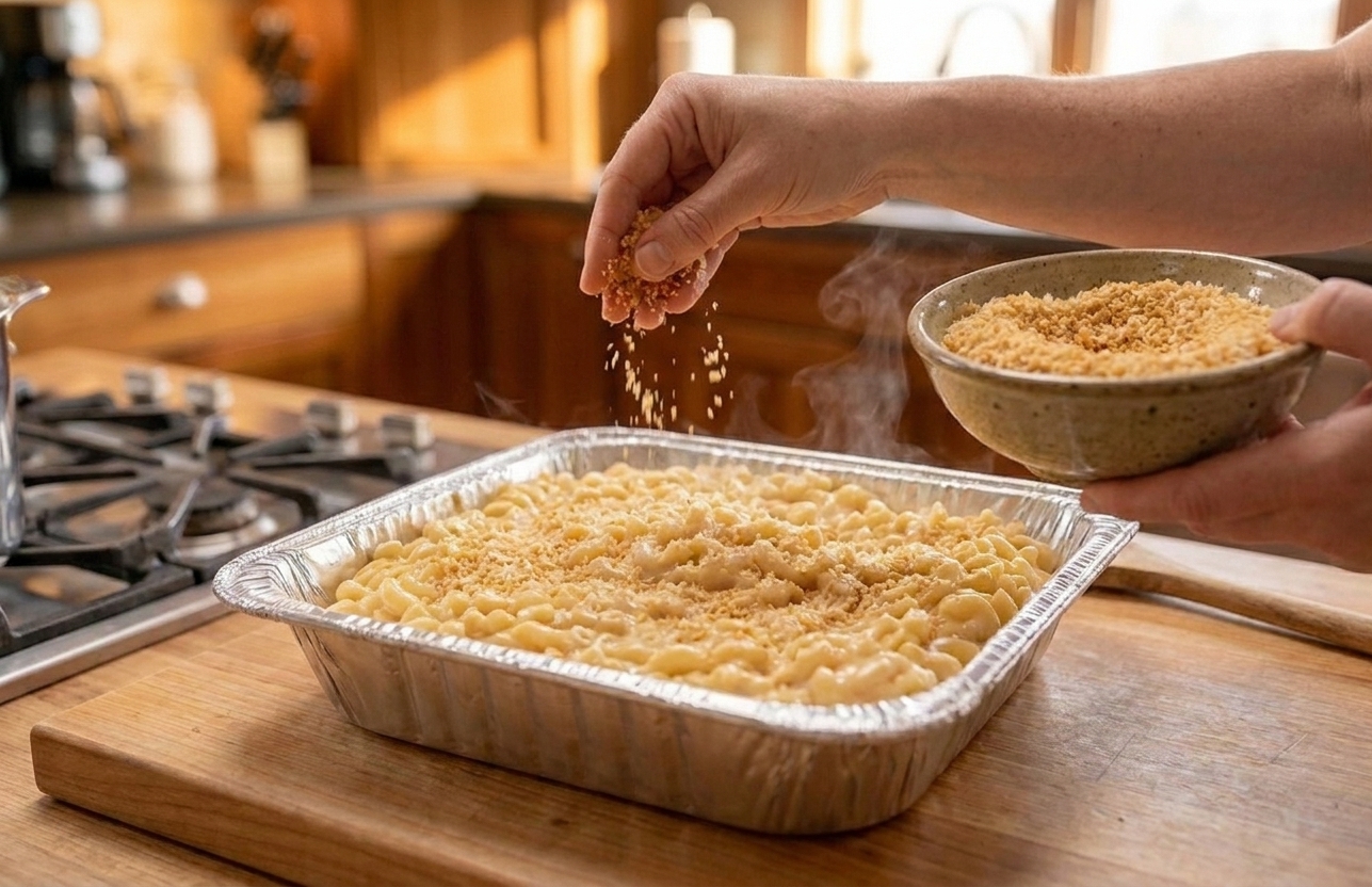 Hands sprinkling panko breadcrumbs evenly over mac and cheese in a baking dish on a kitchen counter