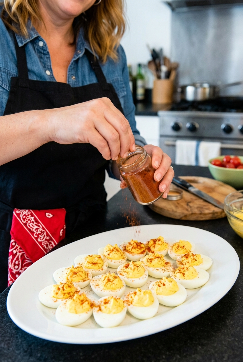 Hands sprinkling paprika over deviled eggs on a white serving platter