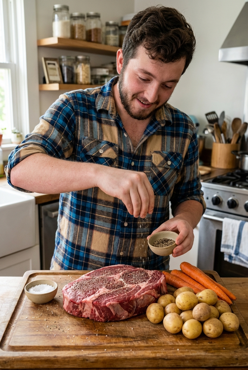 Hands sprinkling salt and pepper over a raw chuck roast on a cutting board next to carrots and baby potatoes