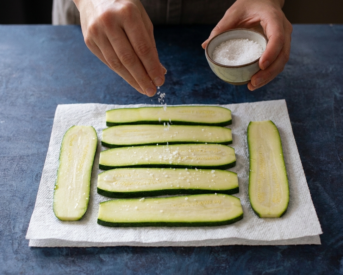 Hands sprinkling salt over long zucchini slices laid on paper towels on a kitchen counter, prepping them to remove excess moisture