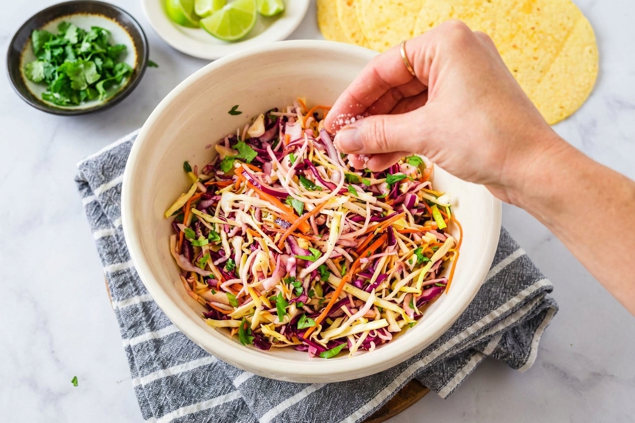 Hands sprinkling salt over shredded cabbage in a large mixing bowl on a bright kitchen counter