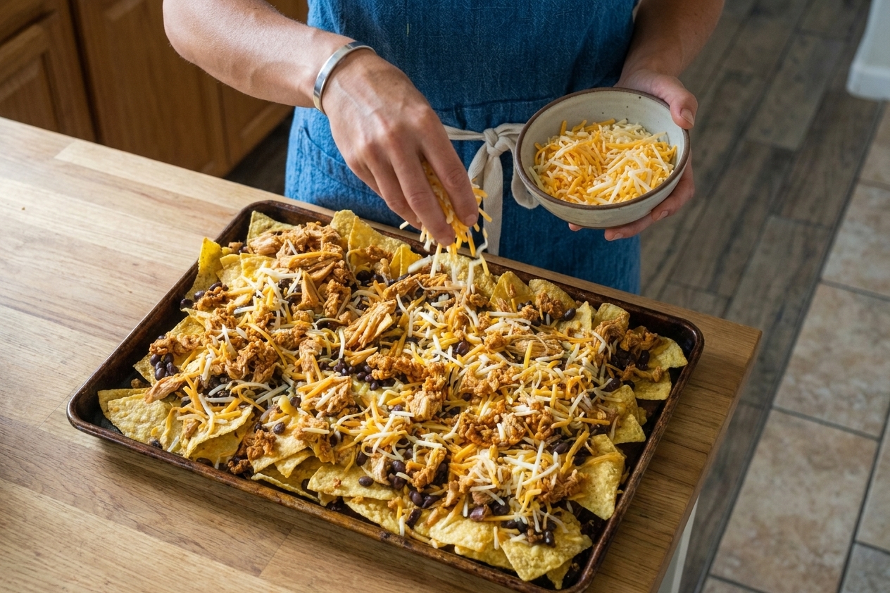 Hands sprinkling shredded cheese over a sheet pan of nachos on a kitchen counter