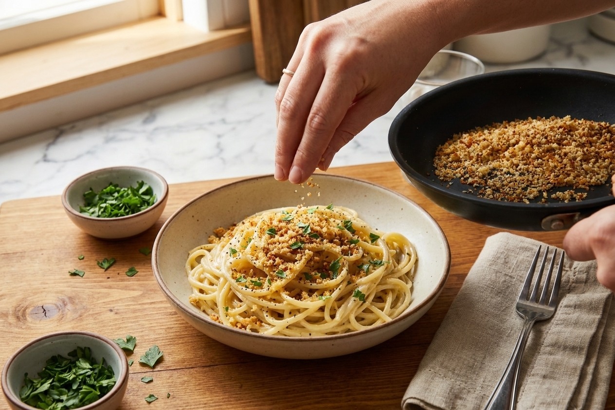 Hands sprinkling toasted breadcrumbs over a bowl of creamy pasta on a kitchen counter under warm lighting