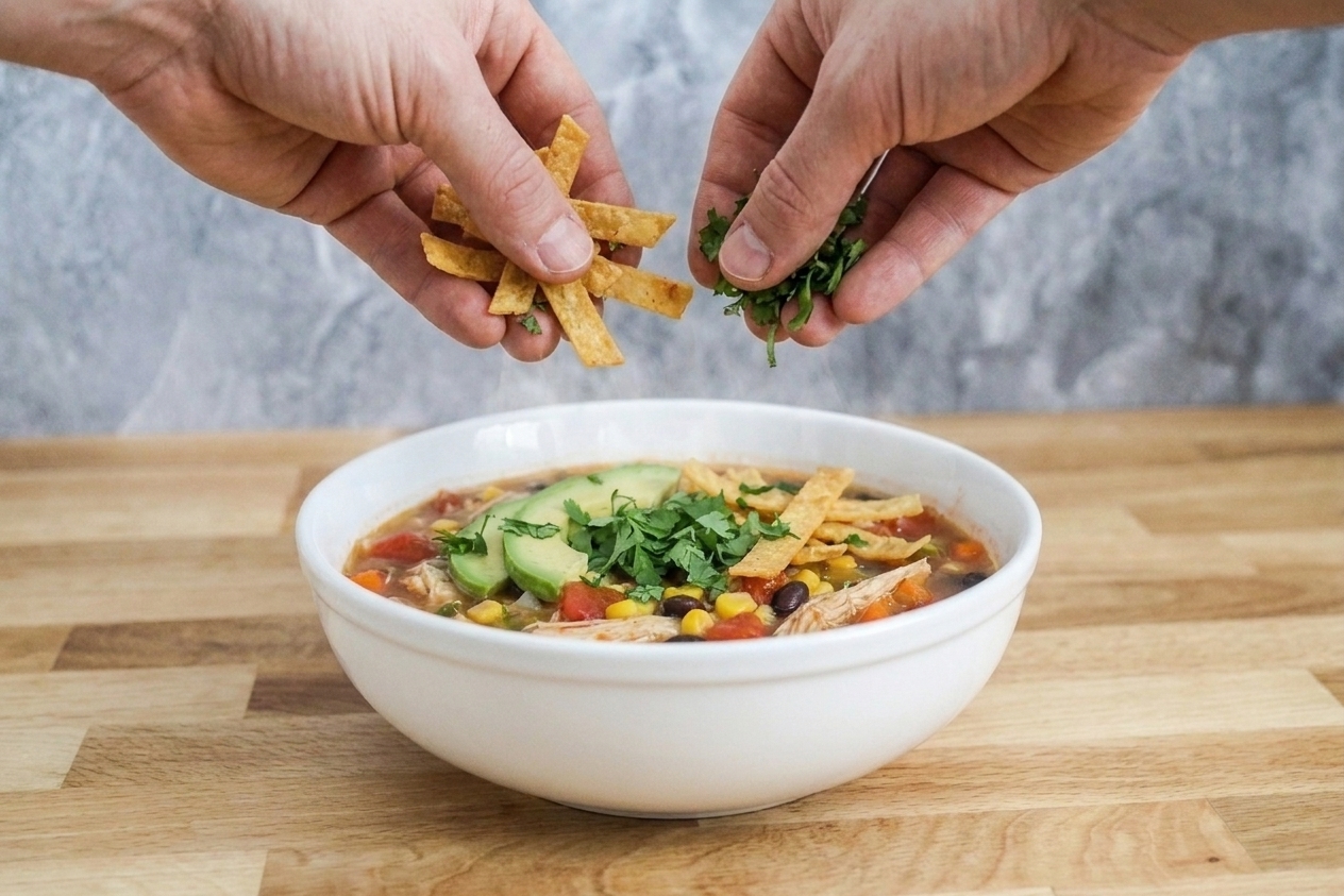 Hands sprinkling tortilla strips and chopped cilantro onto a bowl of Mexican chicken soup on a kitchen counter