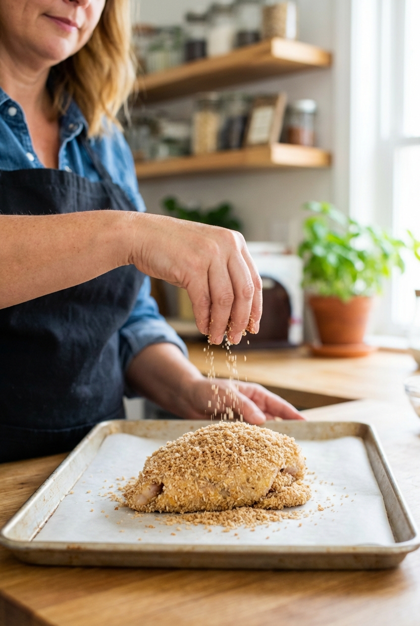 Hands sprinkling whole-wheat panko onto a breaded chicken bundle on a parchment-lined baking sheet
