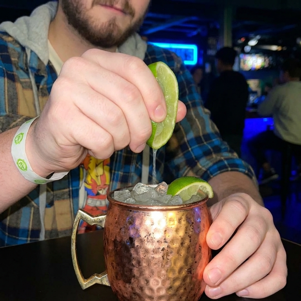 Hands squeezing a fresh lime over a copper mug filled with ice