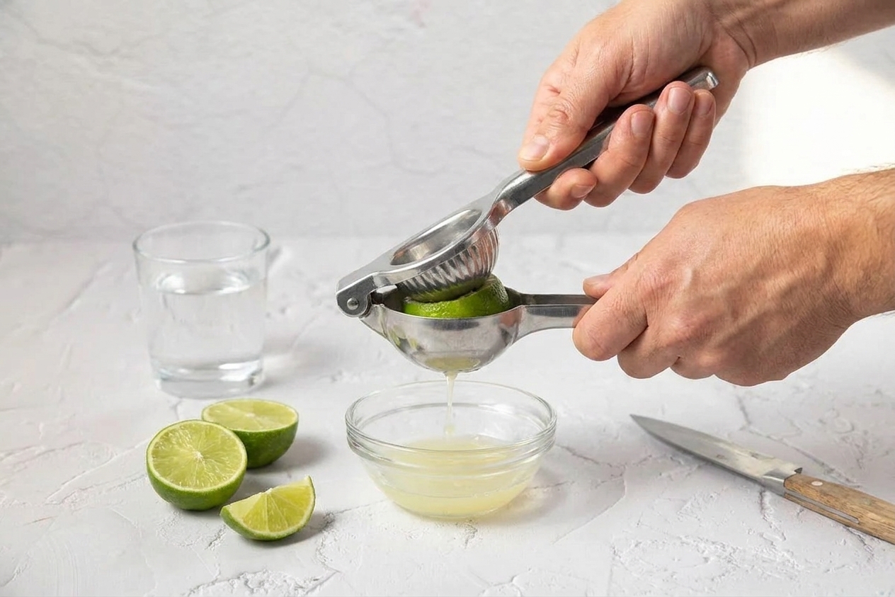 Hands squeezing a fresh lime over a handheld citrus juicer on a kitchen counter with a small bowl catching the juice