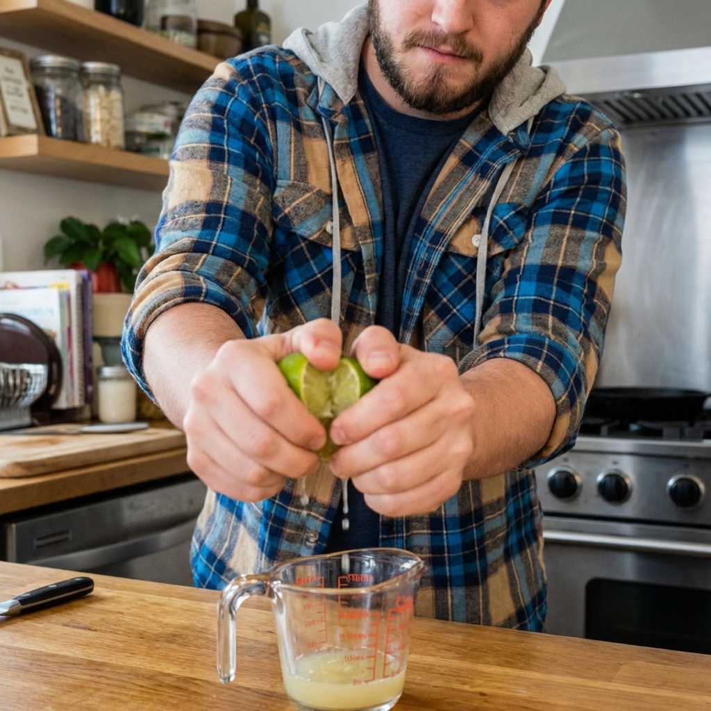Hands squeezing a fresh lime over a small glass measuring cup on a kitchen counter