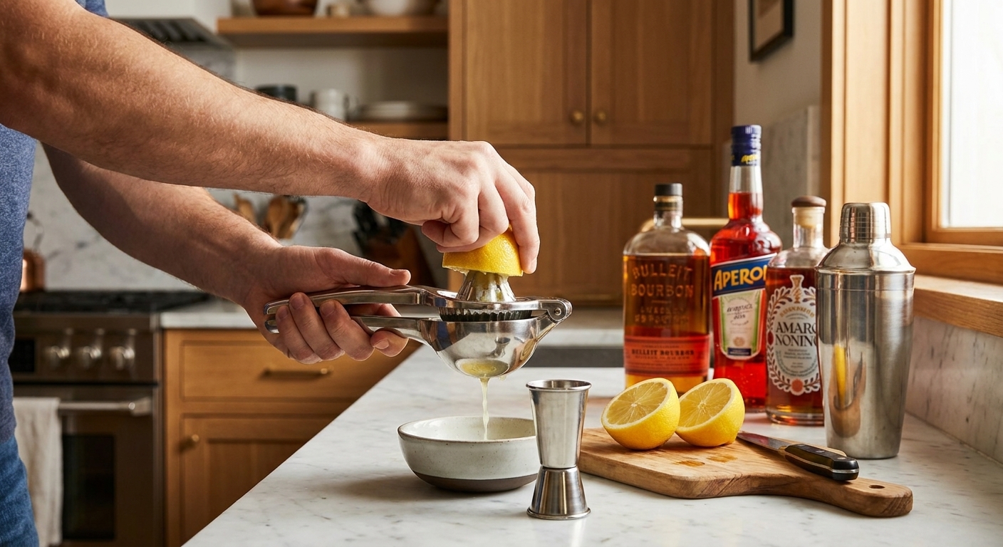 Hands squeezing a halved lemon over a handheld juicer on a kitchen counter with a jigger nearby